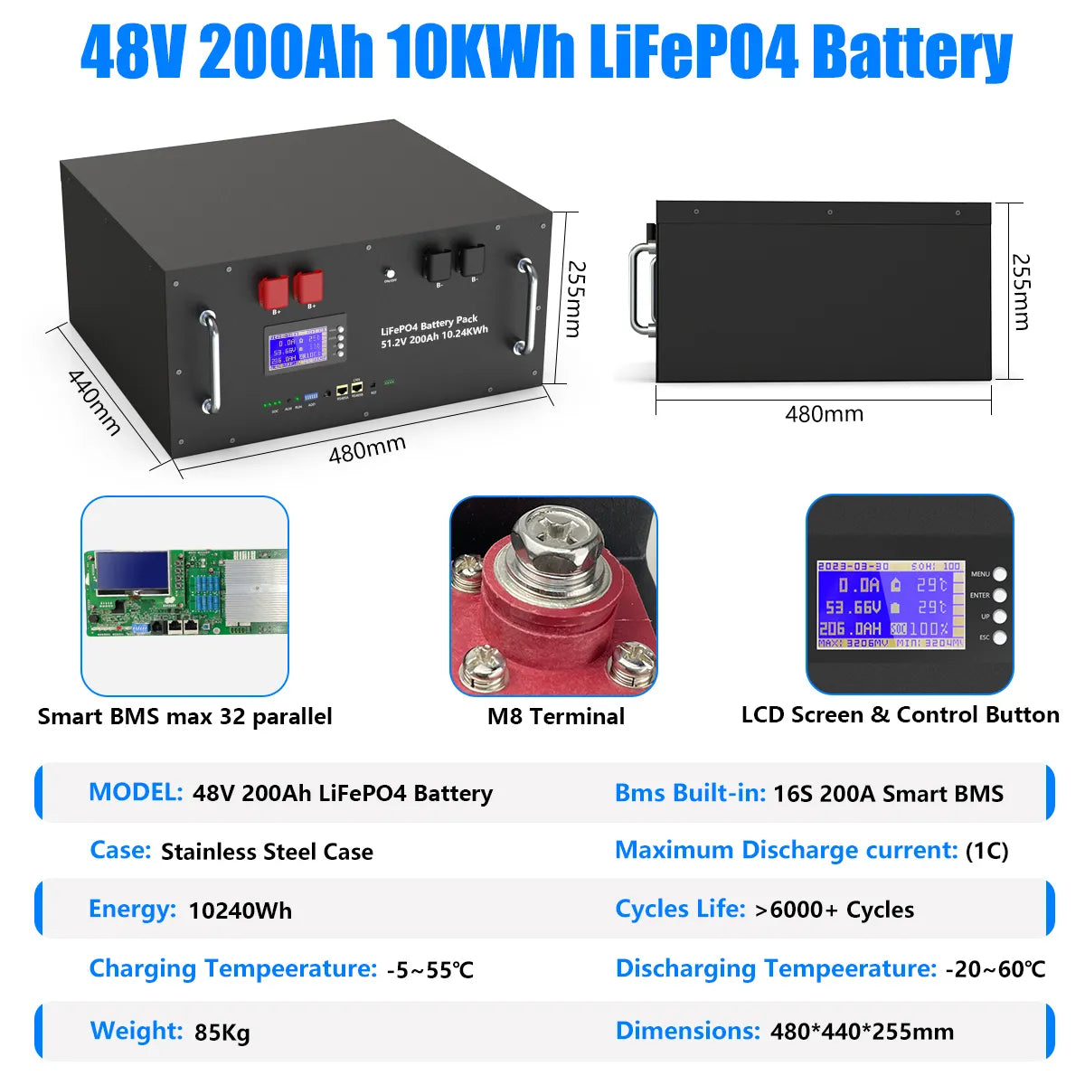 New 48V 50Ah LiFePo4 Battery Pack 51.2V 3kw Lithium Iron Phosphate